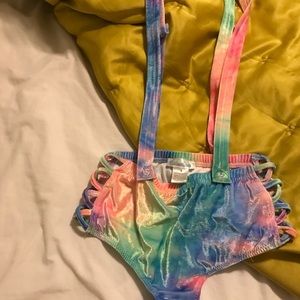 iHEARTRAVES tie dye suspender booty shorts